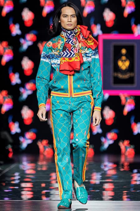 MR. Ajay Kumar Blue Cotton Satin, Lycra Ocean Fish Printed Bomber Jacket 