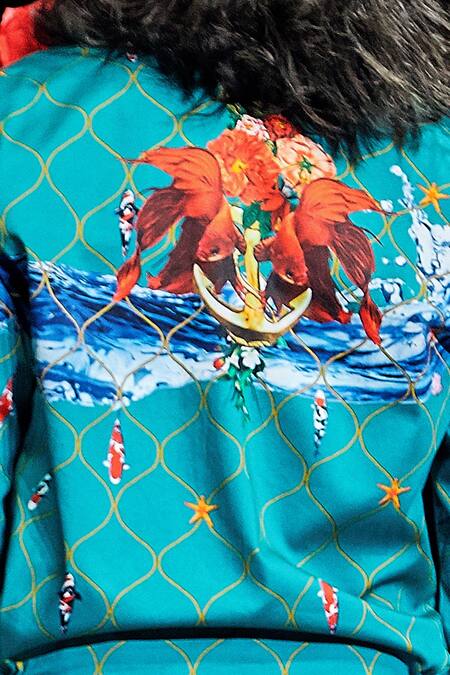 Shop MR. Ajay Kumar Blue Cotton Satin, Lycra Ocean Fish Printed Bomber Jacket Online at Aza Fashions Shop_MR. Ajay Kumar_Blue Cotton Satin, Lycra Ocean Fish Printed Bomber Jacket _Online_at_Aza_Fashions