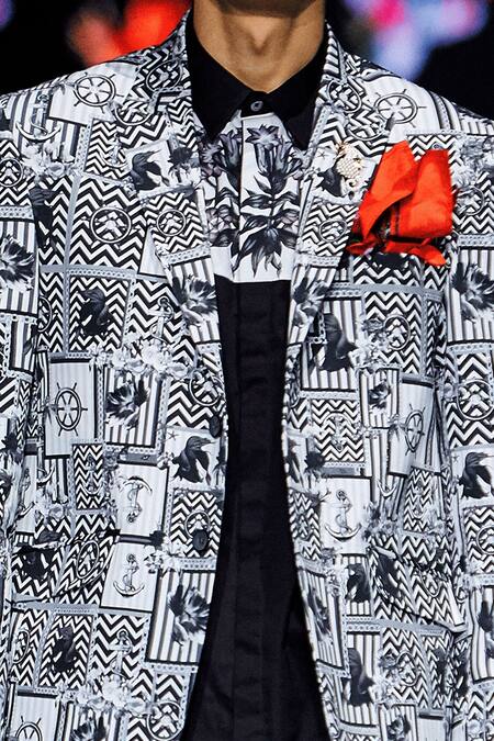 MR. Ajay Kumar Black Cotton Satin, Lycra Printed Zigzag And Anchor Blazer Jacket Online at Aza Fashions MR. Ajay Kumar_Black Cotton Satin, Lycra Printed Zigzag And Anchor Blazer Jacket _Online_at_Aza_Fashions