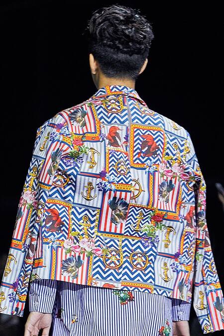 Buy_MR. Ajay Kumar_Multi Color Cotton Satin, Lycra Sailing Theme Printed Blazer Jacket _Online_at_Aza_Fashions
