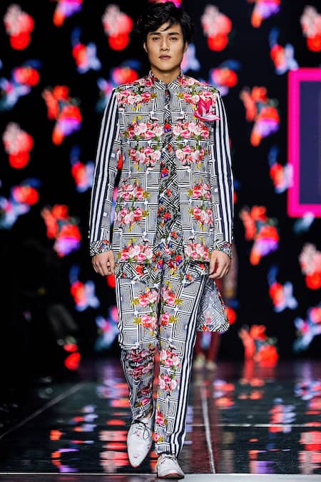 MR. Ajay Kumar Black Cotton Satin, Lycra Rose And Stripe Printed Open Jacket 