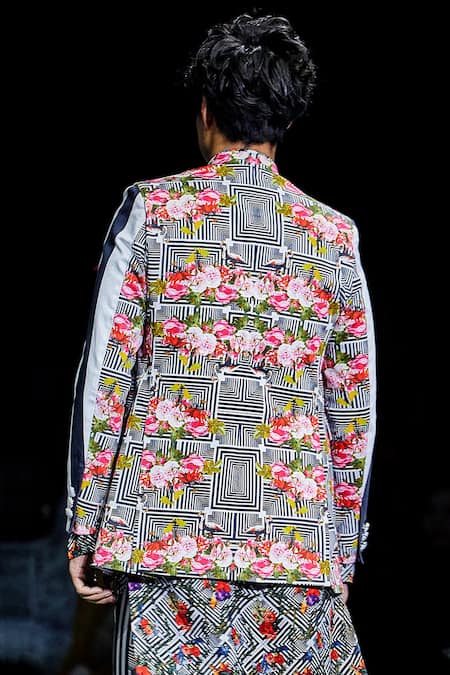 Shop MR. Ajay Kumar Black Cotton Satin, Lycra Rose And Stripe Printed Open Jacket at Aza Fashions Shop_MR. Ajay Kumar_Black Cotton Satin, Lycra Rose And Stripe Printed Open Jacket _at_Aza_Fashions
