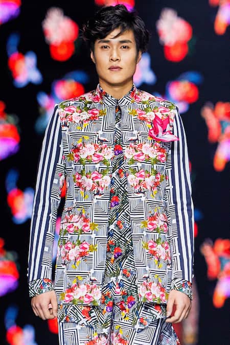 MR. Ajay Kumar Black Cotton Satin, Lycra Rose And Stripe Printed Open Jacket Online at Aza Fashions MR. Ajay Kumar_Black Cotton Satin, Lycra Rose And Stripe Printed Open Jacket _Online_at_Aza_Fashions