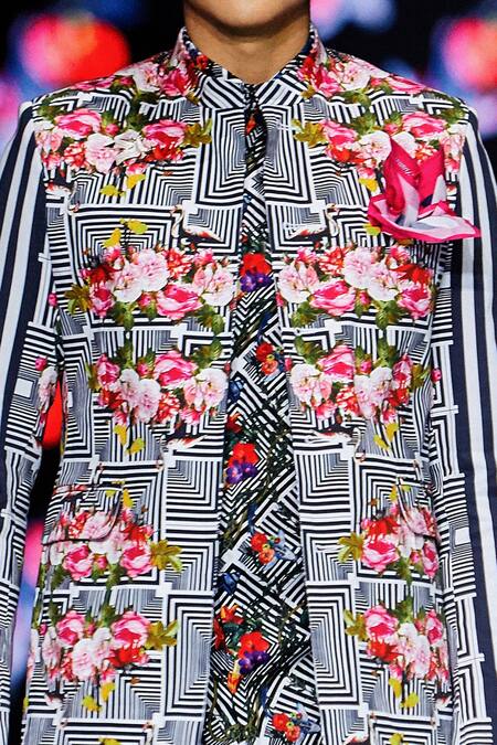 Buy MR. Ajay Kumar Black Cotton Satin, Lycra Rose And Stripe Printed Open Jacket Online at Aza Fashions Buy_MR. Ajay Kumar_Black Cotton Satin, Lycra Rose And Stripe Printed Open Jacket _Online_at_Aza_Fashions