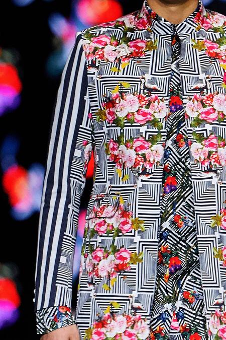 Shop MR. Ajay Kumar Black Cotton Satin, Lycra Rose And Stripe Printed Open Jacket Online at Aza Fashions Shop_MR. Ajay Kumar_Black Cotton Satin, Lycra Rose And Stripe Printed Open Jacket _Online_at_Aza_Fashions