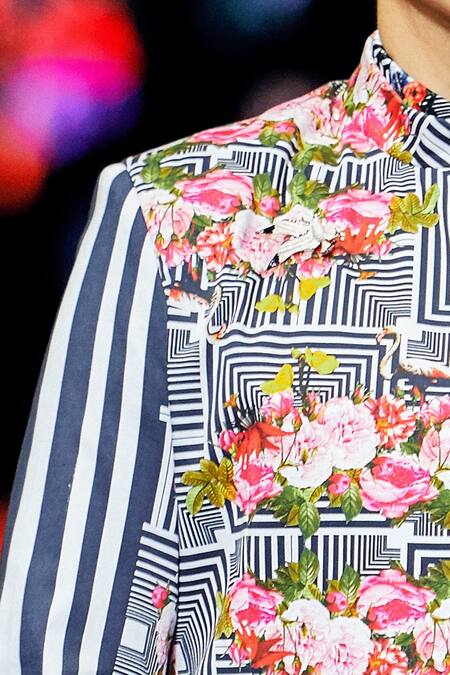 MR. Ajay Kumar Black Cotton Satin, Lycra Rose And Stripe Printed Open Jacket at Aza Fashions MR. Ajay Kumar_Black Cotton Satin, Lycra Rose And Stripe Printed Open Jacket _at_Aza_Fashions