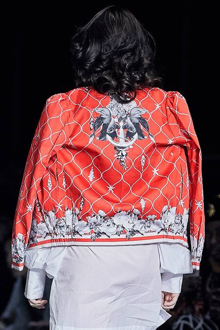 Shop MR. Ajay Kumar Red Embroidered Front Zipper Printed Jacket at Aza Fashions Shop_MR. Ajay Kumar_Red Embroidered Front Zipper Printed Jacket _at_Aza_Fashions