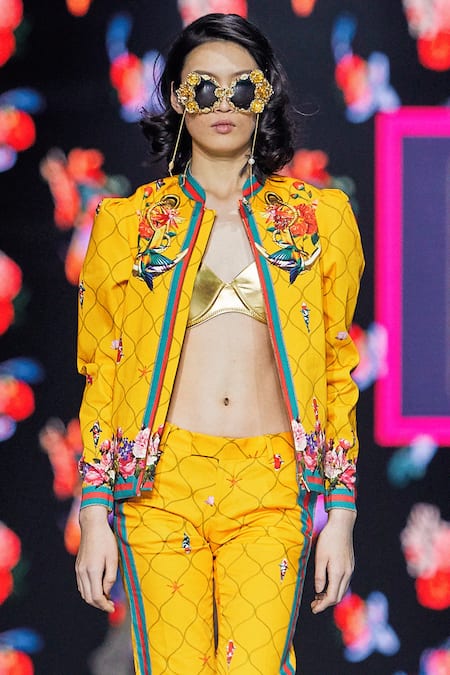 MR. Ajay Kumar Yellow Printed Front Zipper Floral Jacket Online at Aza Fashions MR. Ajay Kumar_Yellow Printed Front Zipper Floral Jacket _Online_at_Aza_Fashions