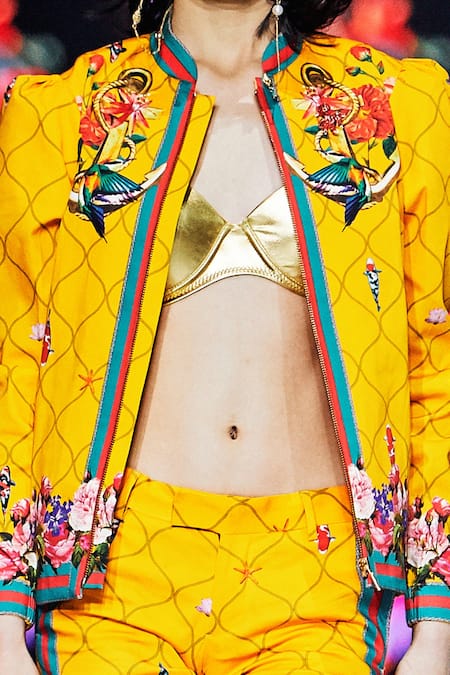 Shop MR. Ajay Kumar Yellow Printed Front Zipper Floral Jacket Online at Aza Fashions Shop_MR. Ajay Kumar_Yellow Printed Front Zipper Floral Jacket _Online_at_Aza_Fashions