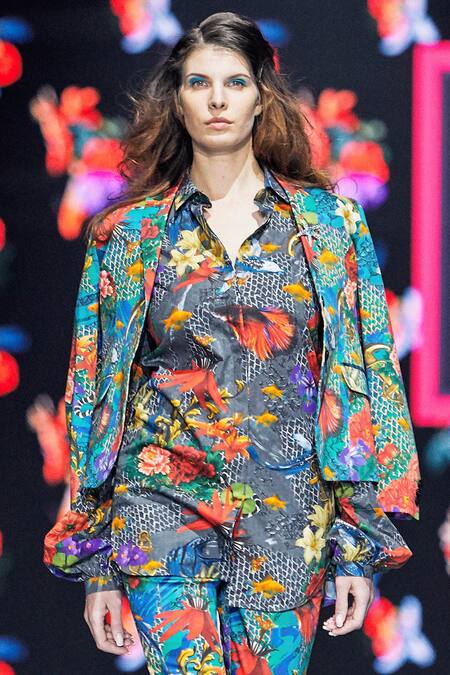 Shop MR. Ajay Kumar Blue Embroidered Floral Print Lapel Collar Blazer Online at Aza Fashions Shop_MR. Ajay Kumar_Blue Embroidered Floral Print Lapel Collar Blazer _Online_at_Aza_Fashions