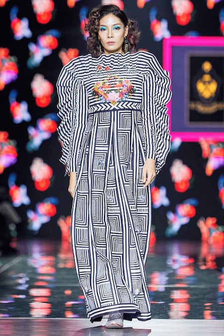 MR. Ajay Kumar Black Linen Silk Printed Ruffle Dress