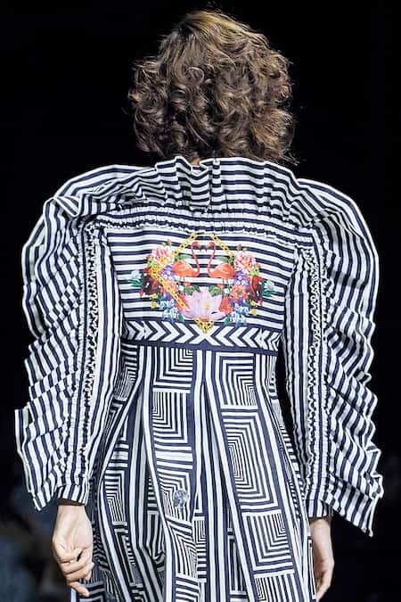 Shop MR. Ajay Kumar Black Linen Silk Printed Ruffle Dress at Aza Fashions Shop_MR. Ajay Kumar_Black Linen Silk Printed Ruffle Dress _at_Aza_Fashions