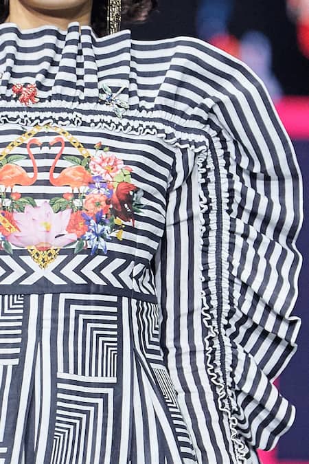 MR. Ajay Kumar Black Linen Silk Printed Ruffle Dress Online at Aza Fashions MR. Ajay Kumar_Black Linen Silk Printed Ruffle Dress _Online_at_Aza_Fashions