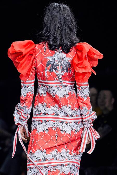 Shop MR. Ajay Kumar Red Printed Midi Dress at Aza Fashions Shop_MR. Ajay Kumar_Red Printed Midi Dress _at_Aza_Fashions