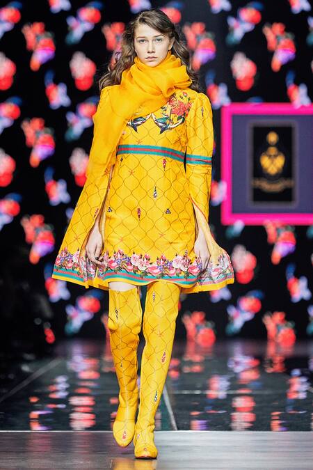 Shop_MR. Ajay Kumar_Yellow Printed Cut-out Sleeves Short Dress _at_Aza_Fashions