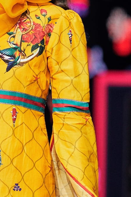 MR. Ajay Kumar_Yellow Printed Cut-out Sleeves Short Dress _Online_at_Aza_Fashions