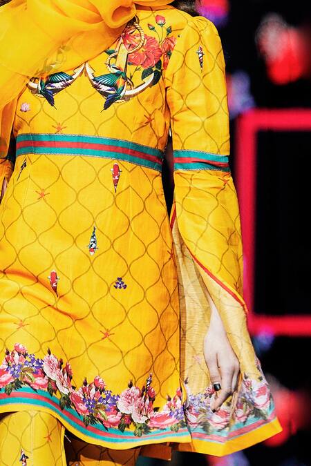 Buy_MR. Ajay Kumar_Yellow Printed Cut-out Sleeves Short Dress _Online_at_Aza_Fashions