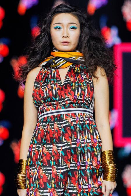 MR. Ajay Kumar_Multi Color Embroidered Printed Dress With Belt _Online_at_Aza_Fashions