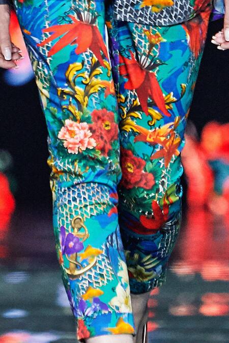 MR. Ajay Kumar_Blue Embellished Floral Print Slim Fit Pants  _Online_at_Aza_Fashions