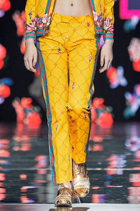 Shop MR. Ajay Kumar Yellow Embroidered Printed Trousers at Aza Fashions Shop_MR. Ajay Kumar_Yellow Embroidered Printed Trousers _at_Aza_Fashions