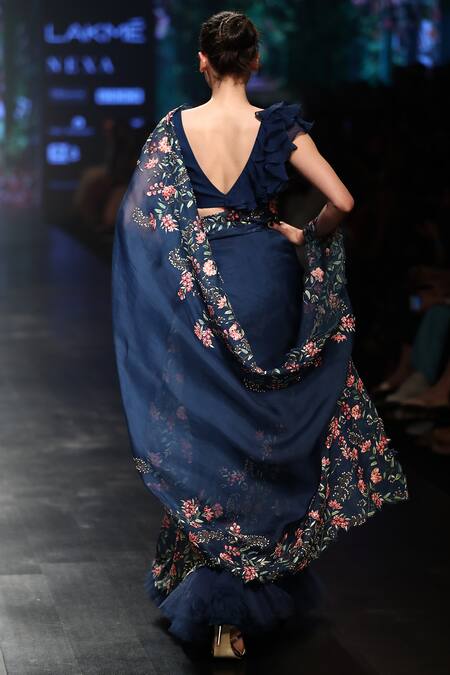 Shop_Anushree Reddy_Blue Embroidered Saree With Blouse_at_Aza_Fashions