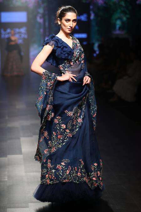 Anushree Reddy_Blue Embroidered Saree With Blouse_Online_at_Aza_Fashions