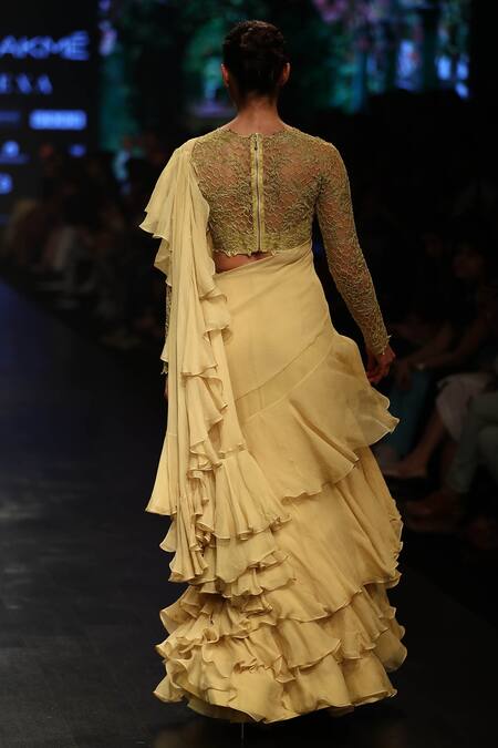 Shop_Anushree Reddy_Yellow Ruffle Saree With Blouse_at_Aza_Fashions