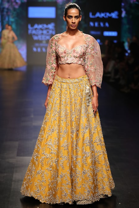 Anushree Reddy Yellow Embroidered Cape And Lehenga Set