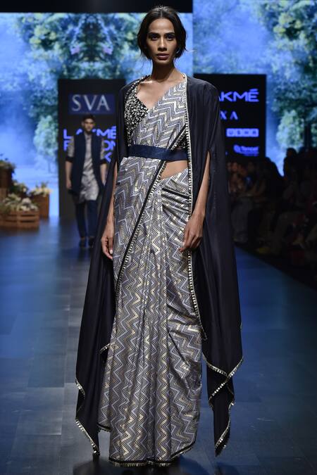 Shop_Sva By Sonam & Paras Modi_Beige Chevron Printed Saree With Cape_at_Aza_Fashions