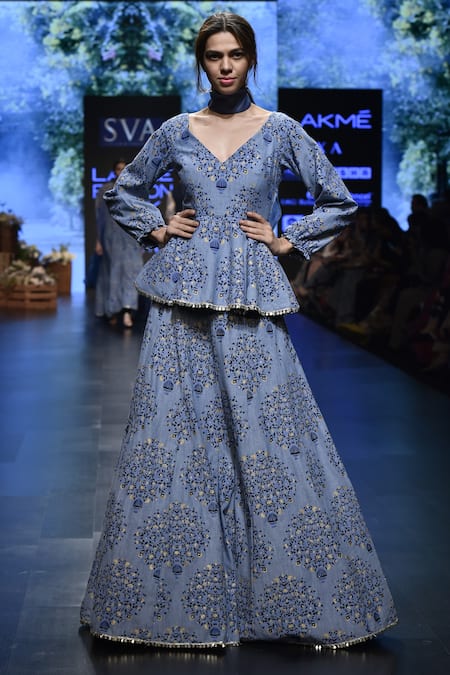 SVA by Sonam & Paras Modi Blue Printed Peplum Top With Lehenga Skirt 