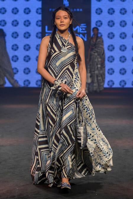 Punit Balana_Multi Color Asymmetric Printed One Shoulder Gown _Online_at_Aza_Fashions