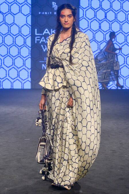 Punit Balana_Blue Cutwork Saree With Peplum Jacket _Online_at_Aza_Fashions