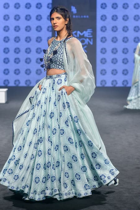 Punit Balana_Blue Halter Neck Blouse With Lehenga And Dupatta  _Online_at_Aza_Fashions