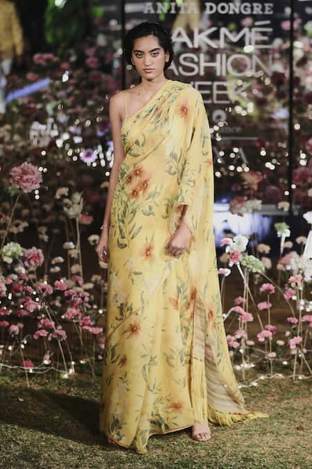 Anita Dongre Floral Printed Fringe Saree With Blouse