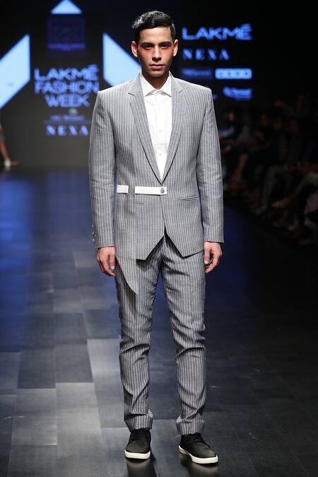 Shop_Sayantan Sarkar_Grey Striped Blazer Jacket_at_Aza_Fashions