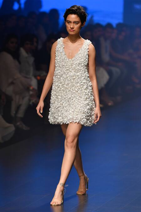 Shop Shriya Som White Silk, Satin V Neck Dress at Aza Fashions Shop_Shriya Som_White Silk, Satin V Neck Dress _at_Aza_Fashions