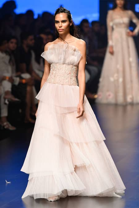 SHRIYA SOM Pink Layered Pleated Gown With Corset Belt  