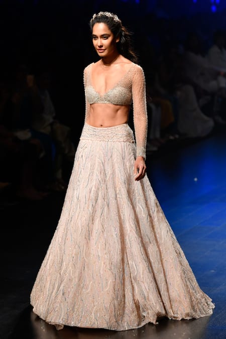 Shop_Shriya Som_Pink Plunge Neck Embellished Crystal Bridal Lehenga With Blouse _at_Aza_Fashions