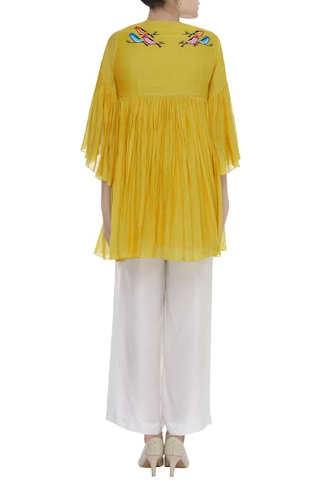 Shop_Desert Shine by Sulochana Jangir_Yellow Cotton Silk Embellished Resham Thread Round Embroidered Short Tunic _at_Aza_Fashions