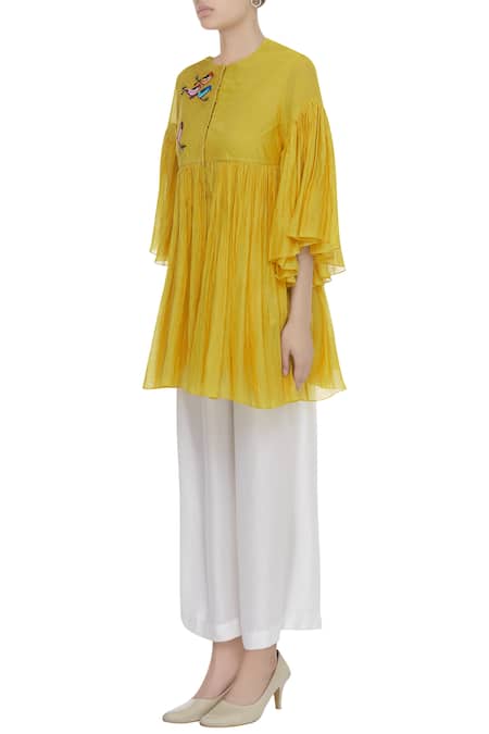 Buy_Desert Shine by Sulochana Jangir_Yellow Cotton Silk Embellished Resham Thread Round Embroidered Short Tunic _Online_at_Aza_Fashions