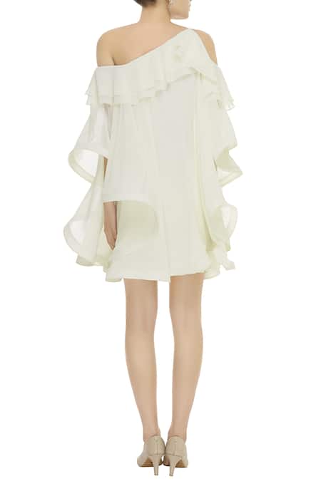 Shop_Gauri & Nainika_White Viscose Georgette Asymmetric Cold Shoulder Ruffle Dress _at_Aza_Fashions