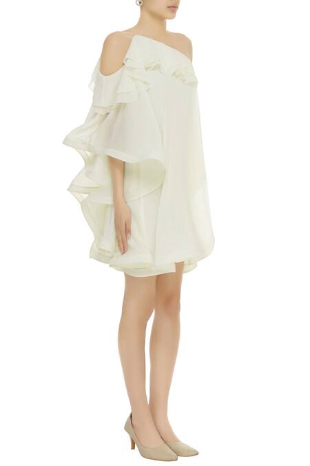Gauri & Nainika_White Viscose Georgette Asymmetric Cold Shoulder Ruffle Dress _Online_at_Aza_Fashions