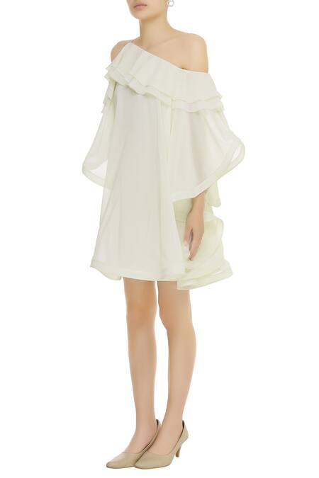 Buy_Gauri & Nainika_White Viscose Georgette Asymmetric Cold Shoulder Ruffle Dress _Online_at_Aza_Fashions