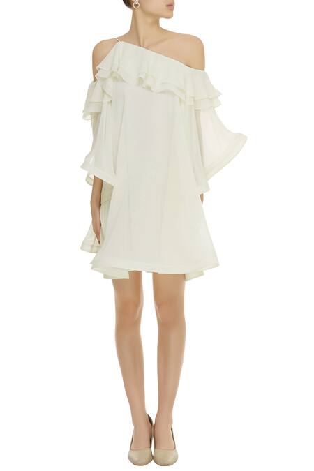 Shop_Gauri & Nainika_White Viscose Georgette Asymmetric Cold Shoulder Ruffle Dress _Online_at_Aza_Fashions