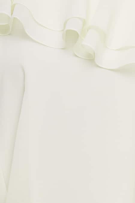 Gauri & Nainika_White Viscose Georgette Asymmetric Cold Shoulder Ruffle Dress _at_Aza_Fashions