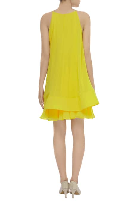 Shop Gauri & Nainika Yellow Viscose Georgette Ruffle Trapeze Dress at Aza Fashions Shop_Gauri & Nainika_Yellow Viscose Georgette Ruffle Trapeze Dress _at_Aza_Fashions