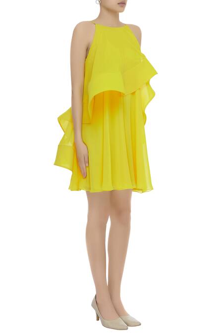 Gauri & Nainika Yellow Viscose Georgette Ruffle Trapeze Dress Online at Aza Fashions Gauri & Nainika_Yellow Viscose Georgette Ruffle Trapeze Dress _Online_at_Aza_Fashions