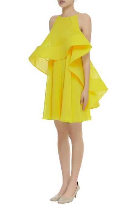 Buy Gauri & Nainika Yellow Viscose Georgette Ruffle Trapeze Dress Online at Aza Fashions Buy_Gauri & Nainika_Yellow Viscose Georgette Ruffle Trapeze Dress _Online_at_Aza_Fashions
