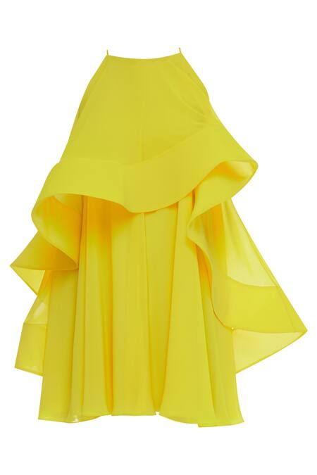 Shop Gauri & Nainika Yellow Viscose Georgette Ruffle Trapeze Dress Online at Aza Fashions Shop_Gauri & Nainika_Yellow Viscose Georgette Ruffle Trapeze Dress _Online_at_Aza_Fashions