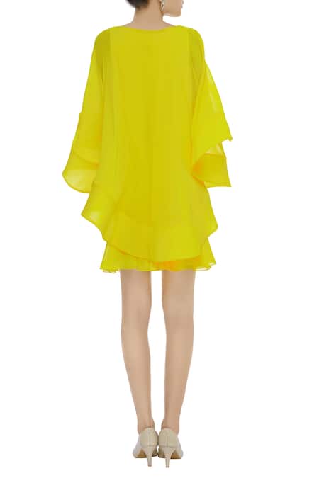 Shop Gauri & Nainika Yellow Viscose Georgette High Low Cape Dress at Aza Fashions Shop_Gauri & Nainika_Yellow Viscose Georgette High Low Cape Dress _at_Aza_Fashions